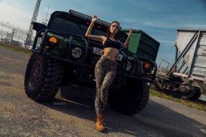 Katerina Kas, Women, Model, Women With Cars, Women Outdoors, Tattoos, Looking At Viewer, Pierced Navel, Alex Bazilev, Shoes, Camouflage, Pants, Bra