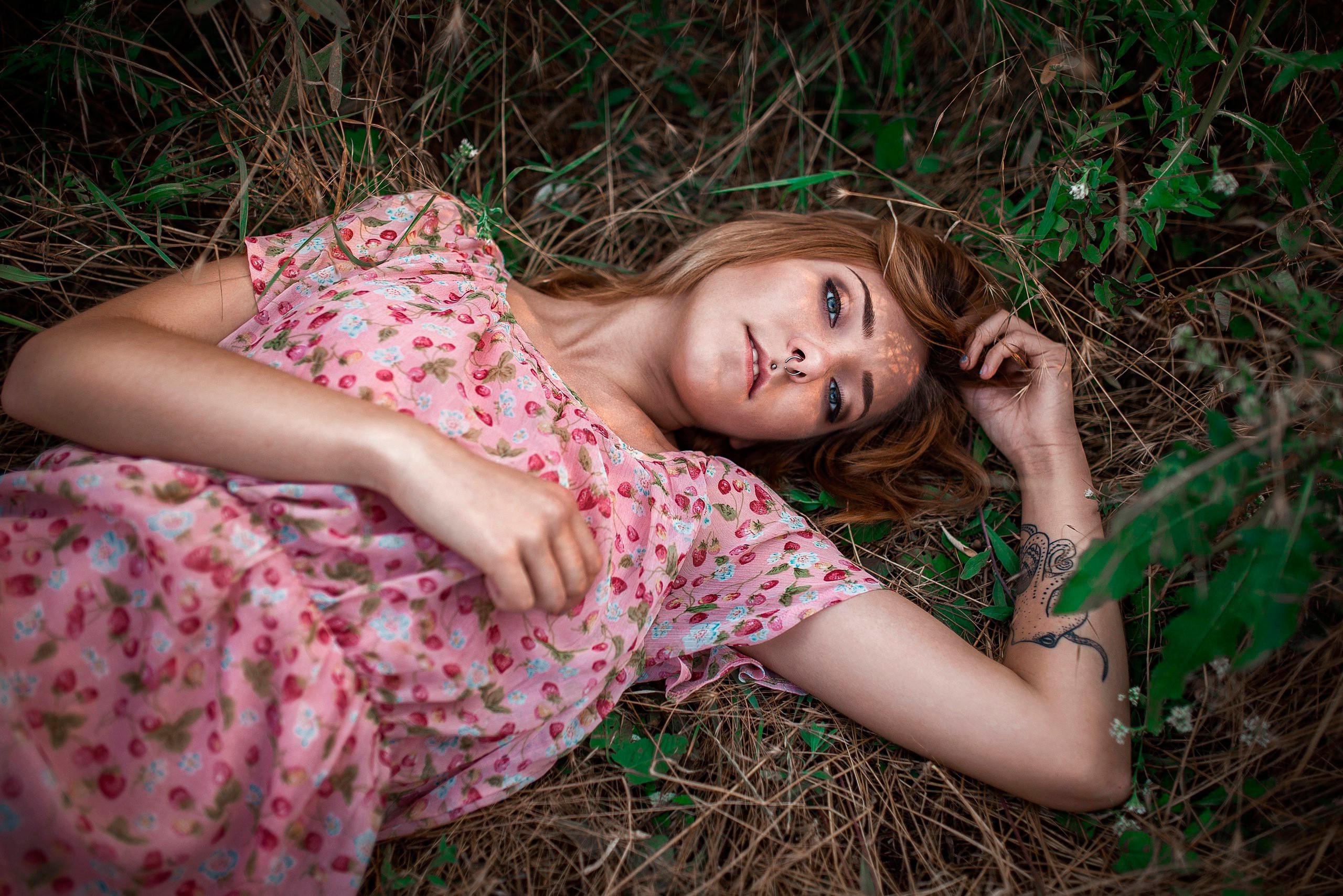 women Outdoors, Women, Model, Dress, Nose Rings, Plants Wallpaper