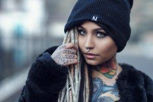 women, Model, Face, Looking At Viewer, Fishball Suicide, Nose Rings, Hat, Tattoo, Portrait