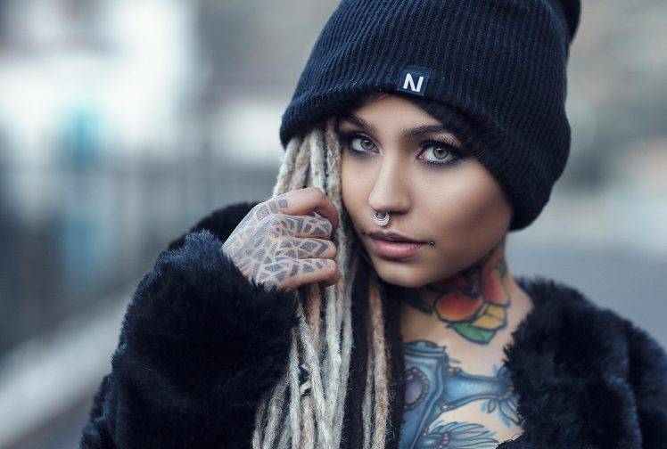 women, Model, Face, Looking At Viewer, Fishball Suicide, Nose Rings, Hat, Tattoo, Portrait HD Wallpaper Desktop Background