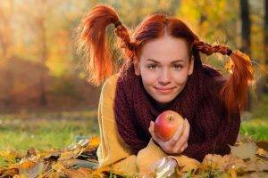 women, Model, Redhead, Long Hair, Looking At Viewer, Braids, Women Outdoors, Lying On Front, Pippi Longstocking, Smiling, Sweater, Scarf, Fruit, Apples, Nature, Fall, Leaves, Trees, Grass