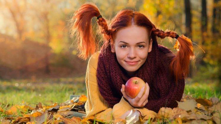 women, Model, Redhead, Long Hair, Looking At Viewer, Braids, Women Outdoors, Lying On Front, Pippi Longstocking, Smiling, Sweater, Scarf, Fruit, Apples, Nature, Fall, Leaves, Trees, Grass HD Wallpaper Desktop Background