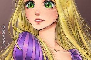 Rapunzel, Blonde, Women, Green Eyes, Long Hair, Dress, Pink, Purple, Fantasy Art