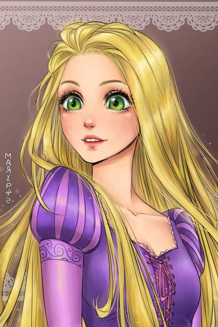 Rapunzel, Blonde, Women, Green Eyes, Long Hair, Dress, Pink, Purple, Fantasy Art HD Wallpaper Desktop Background