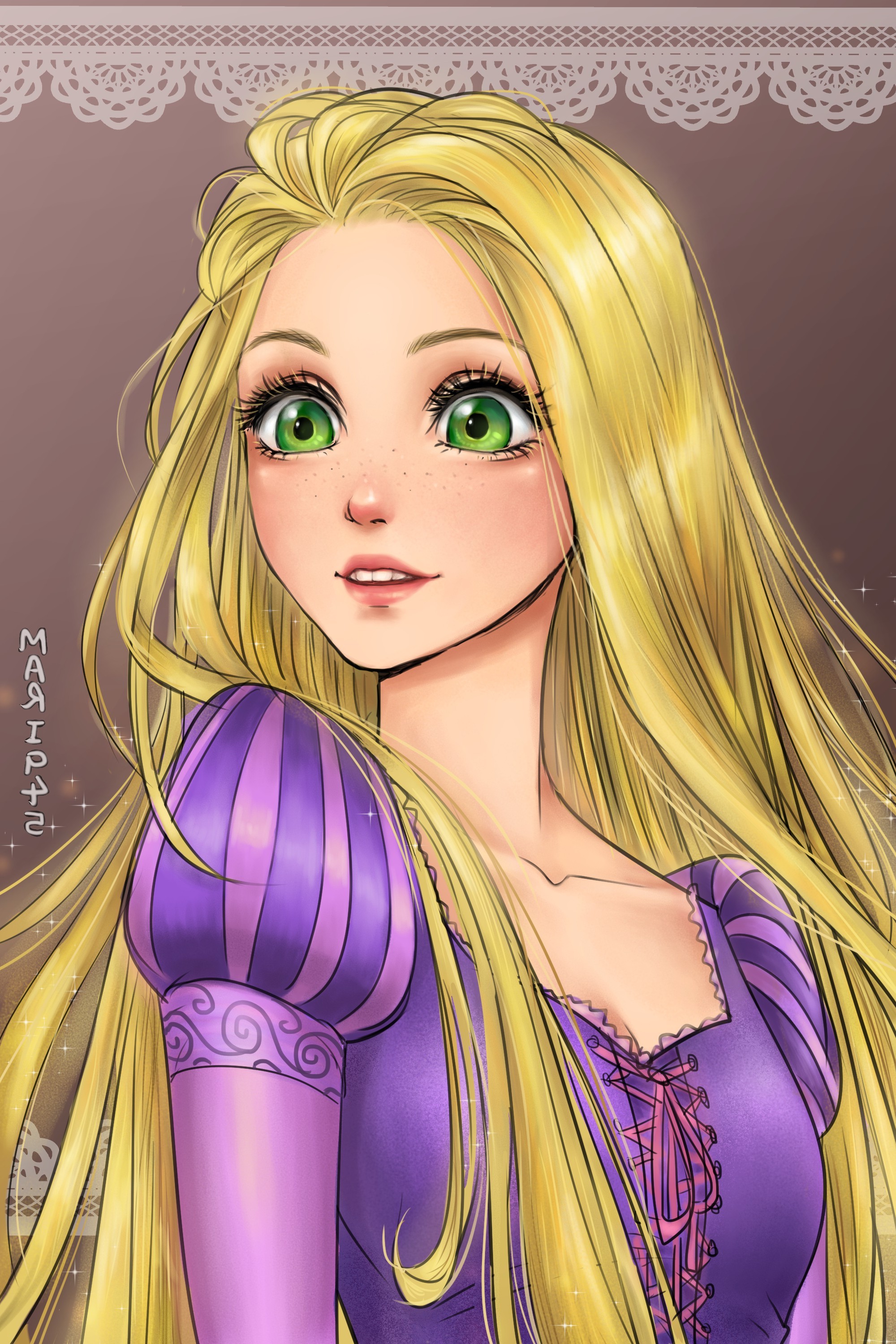 Rapunzel, Blonde, Women, Green Eyes, Long Hair, Dress, Pink, Purple, Fantasy Art Wallpaper