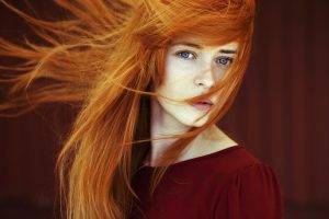 women, Long Hair, Looking At Viewer, Model, Blue Eyes, Face, Redhead, Straight Hair, Depth Of Field, Windy