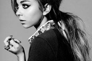 women, Actress, Brunette, Long Hair, Sarah Hyland, Ponytail, Profile, Face, Open Mouth, Monochrome, Makeup, Portrait Display, Rings, Simple Background