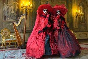 women, Dress, Mask, Harp