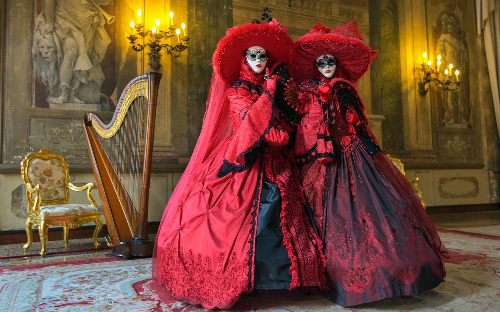 women, Dress, Mask, Harp Wallpaper