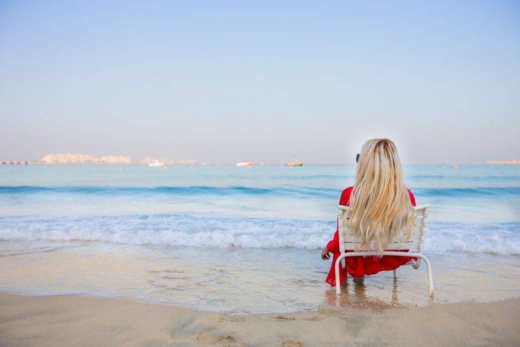 blonde, Women, Sitting, Beach, Sea, Chair HD Wallpaper Desktop Background