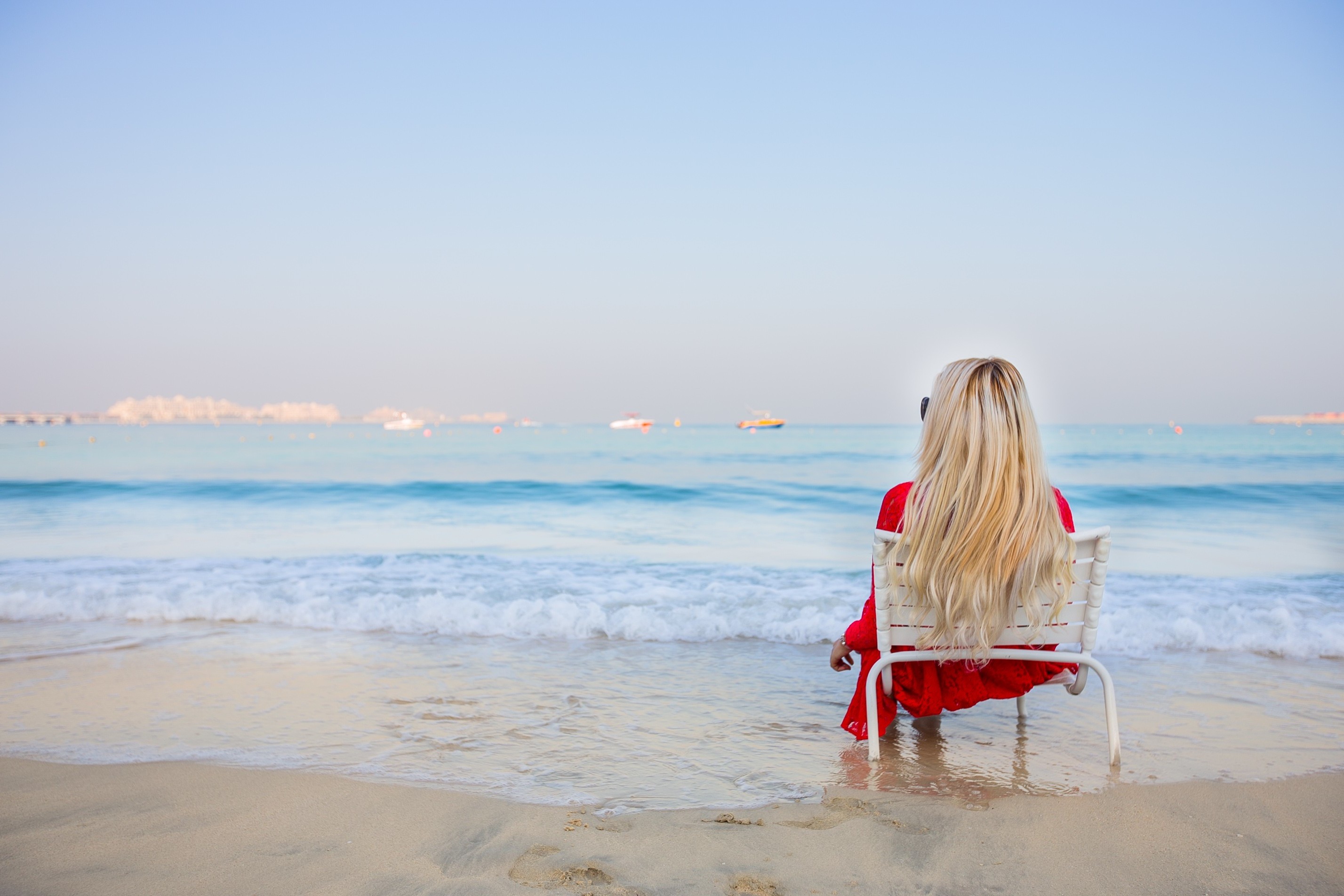 blonde, Women, Sitting, Beach, Sea, Chair Wallpapers HD