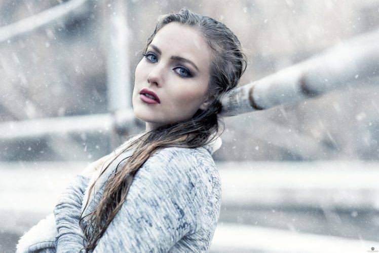 women, Face, Looking At Viewer, Blue Eyes, Alessandro Di Cicco, Portrait, Snow HD Wallpaper Desktop Background