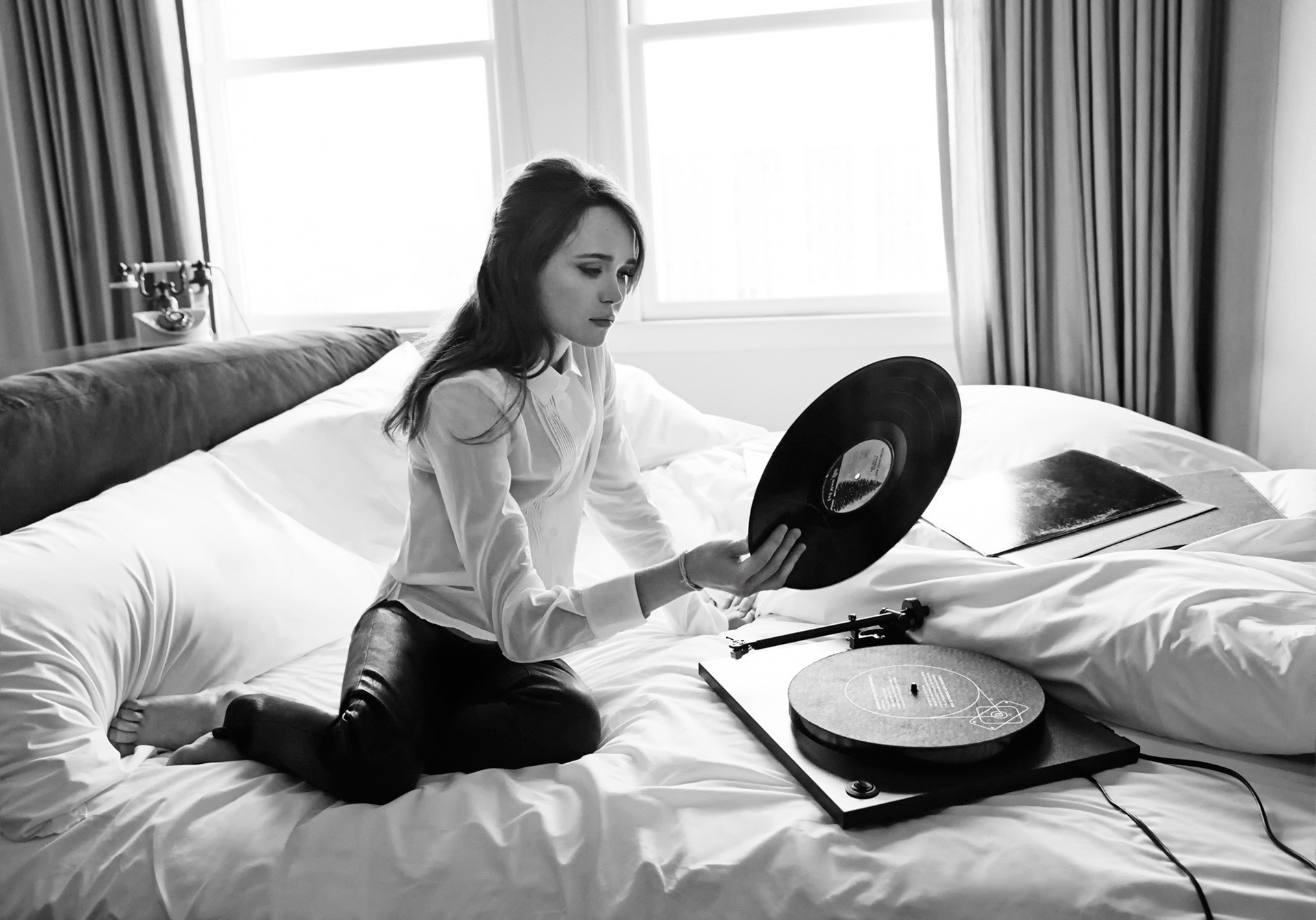 women, Actress, Brunette, Long Hair, Sitting, Ellen Page, In Bed, Barefoot, Monochrome, Blouses, Vinyl, Gramophone, Leather Pants, Telephone, Curtain Wallpaper