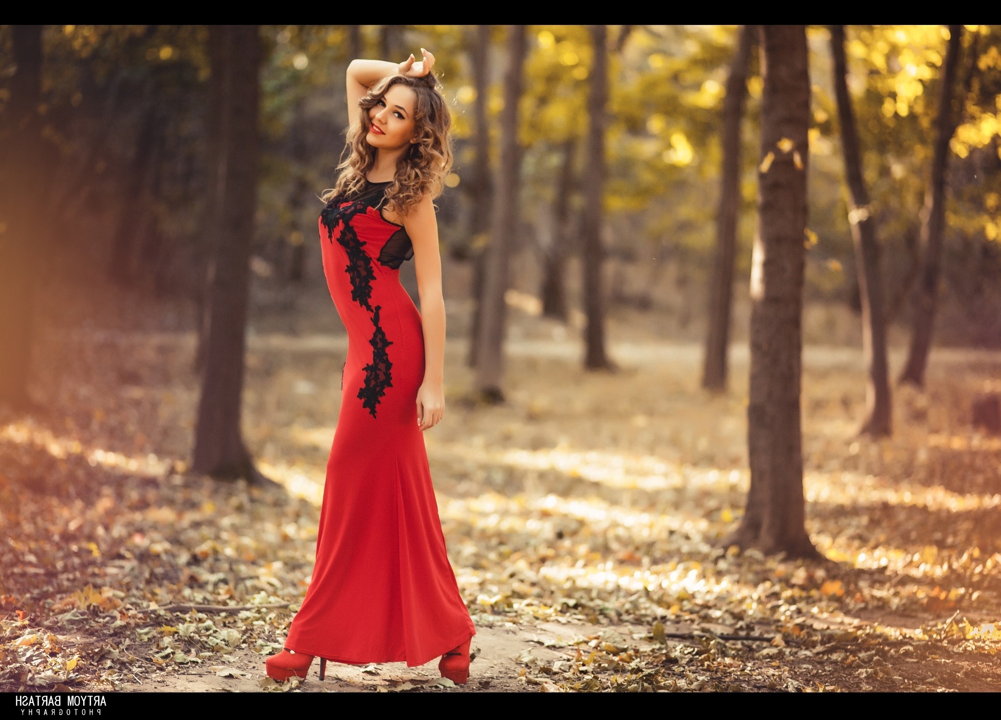 women, Artyom Bartash, Model, Looking At Viewer, Women Outdoors, Long Hair, Curly Hair, Hands In Hair, Red Dress, Dress, Depth Of Field, Smiling, Heels Wallpaper