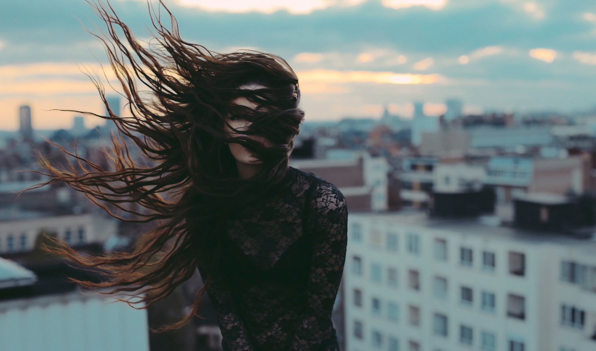 hair In Face, Brunette, David Olkarny, Windy, Wind, See through Clothing, Rooftops, Skyline, Brussels Wallpaper