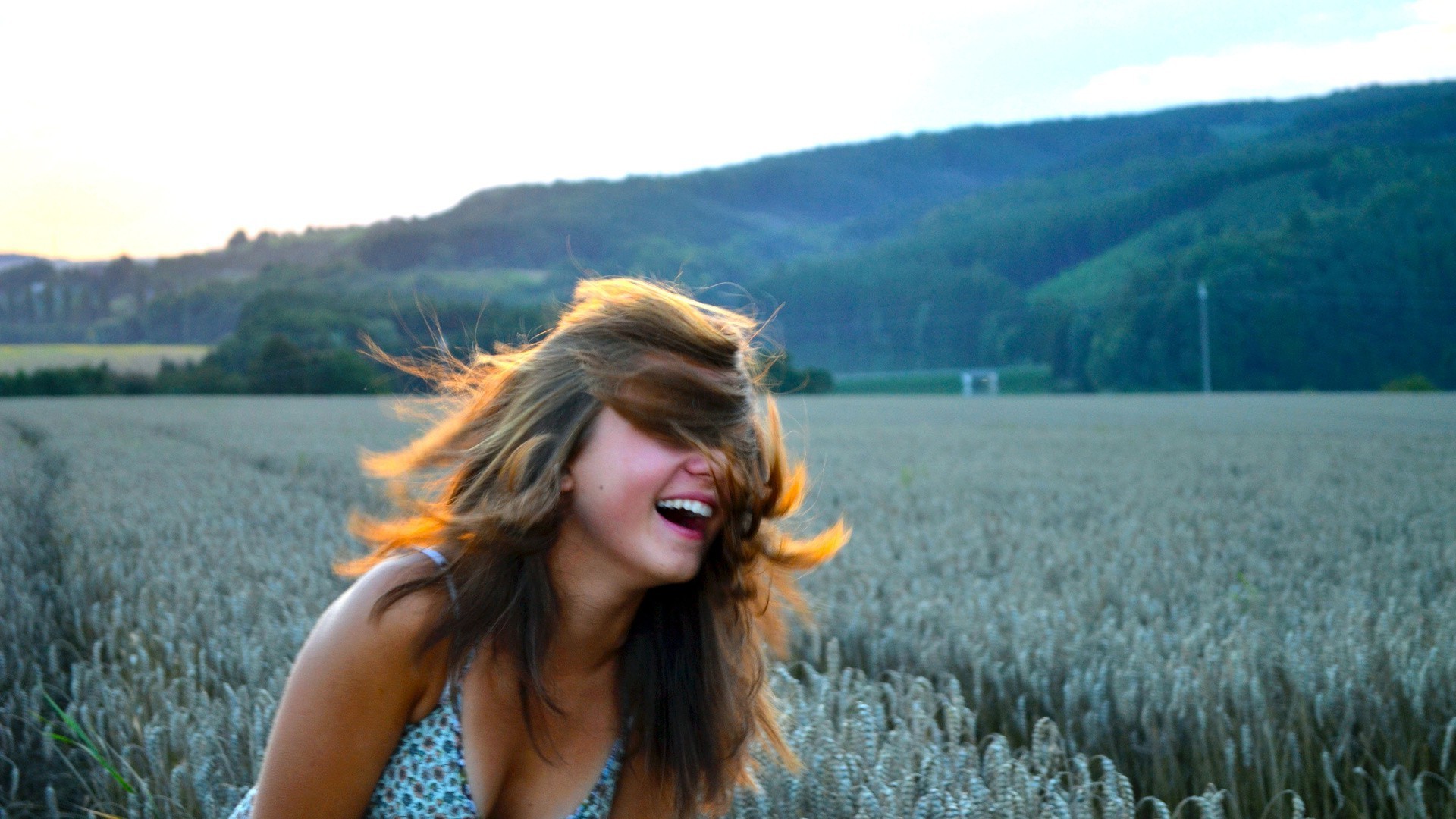 women, Hair In Face, Smiling, Field Wallpaper
