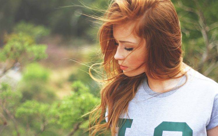 redhead, Women, Long Hair, Closed Eyes, Model, Depth Of Field, Windy, T shirt HD Wallpaper Desktop Background