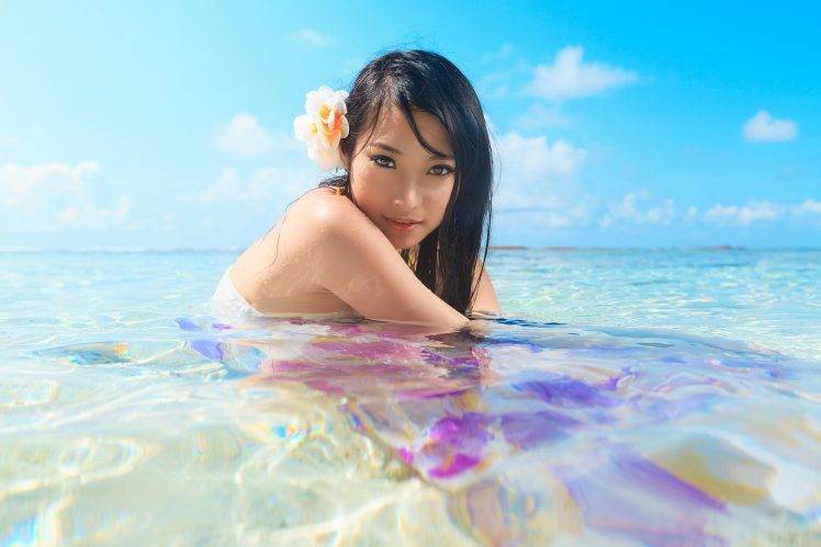 women, Women Outdoors, Asian, Wet Body, Flower In Hair HD Wallpaper Desktop Background