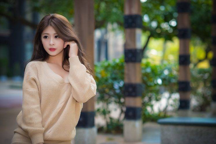 women, Long Hair, Model, Asian, Auburn Hair, Women Outdoors, Sweater, Depth Of Field, Makeup HD Wallpaper Desktop Background