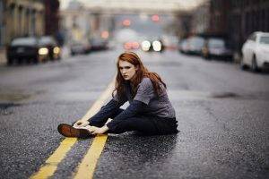 redhead, Sitting, Women Outdoors, City, Road, Depth Of Field, Bokeh, Sweater