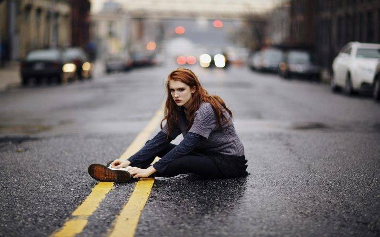 redhead, Sitting, Women Outdoors, City, Road, Depth Of Field, Bokeh, Sweater HD Wallpaper Desktop Background