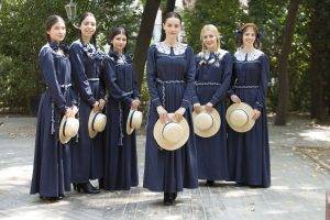 people, Women, Fahriye Evcen, Group Of Women, Brunette, Braids, Turkish, TV, Hat, School Uniform, Ribbon, Twintails
