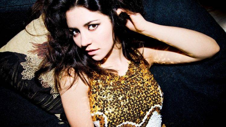 women, Singer, Brunette, Long Hair, Looking At Viewer, Open Mouth, Musicians, Bare Shoulders, Lying On Back, Armpits, Hands In Hair, Marina And The Diamonds, Music, Yellow Dress, Pillow, Brown Eyes HD Wallpaper Desktop Background