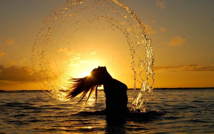 women, Wet Hair, Sunlight, Rising Sun, Water, Silhouette HD Wallpaper Desktop Background