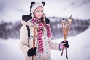women, Winter, Cat Ears, Scarf, Hat, Gloves, Face Paint