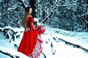 women, Model, Women Outdoors, Snow, Trees, Dress