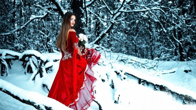 women, Model, Women Outdoors, Snow, Trees, Dress HD Wallpaper Desktop Background