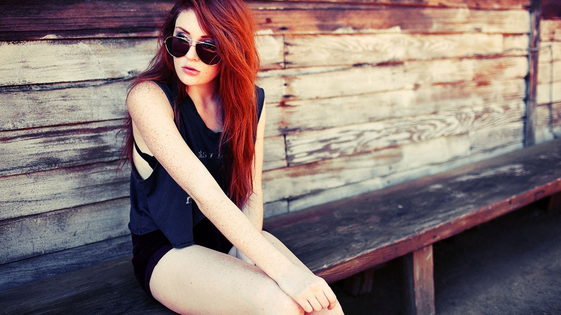 redhead, Women, Sunglasses, Bench Wallpaper