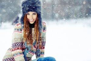 women, Blue Eyes, Fluffy Hat, Smiling, Winter, Snow