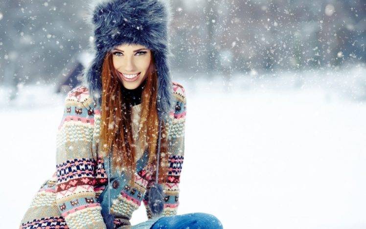 women, Blue Eyes, Fluffy Hat, Smiling, Winter, Snow HD Wallpaper Desktop Background