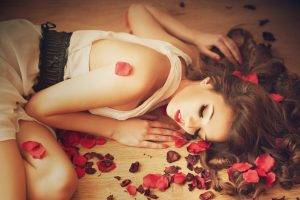 brunette, Lying On Side, Women, Petals, Flower Petals, White Dress, Dress, Red Lipstick, On The Floor, Wooden Surface