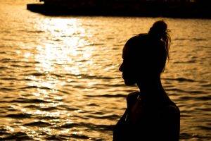 women, Sunset, Silhouette, Water