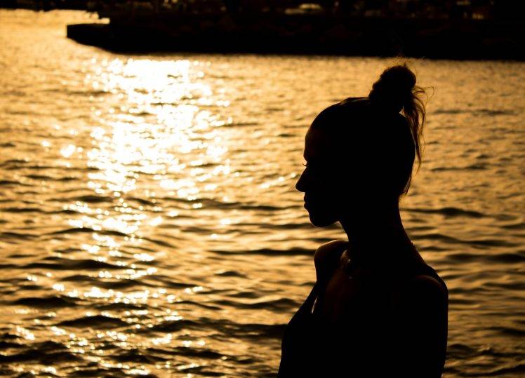 women, Sunset, Silhouette, Water HD Wallpaper Desktop Background
