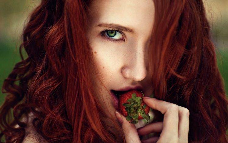 redhead, Women, Model, Looking At Viewer, Strawberries HD Wallpaper Desktop Background