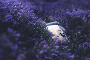 women, Lying On Back, Butterfly, Flowers, Purple