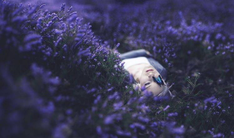 women, Lying On Back, Butterfly, Flowers, Purple HD Wallpaper Desktop Background