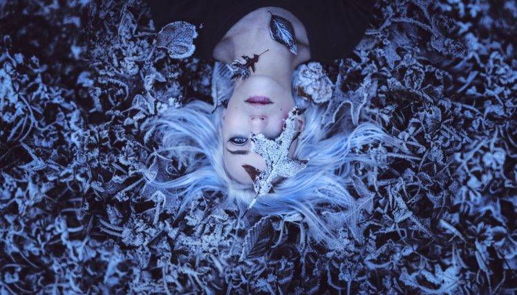 women, White Hair, Blue Eyes, Lying On Back, Leaves, Frost, Winter HD Wallpaper Desktop Background