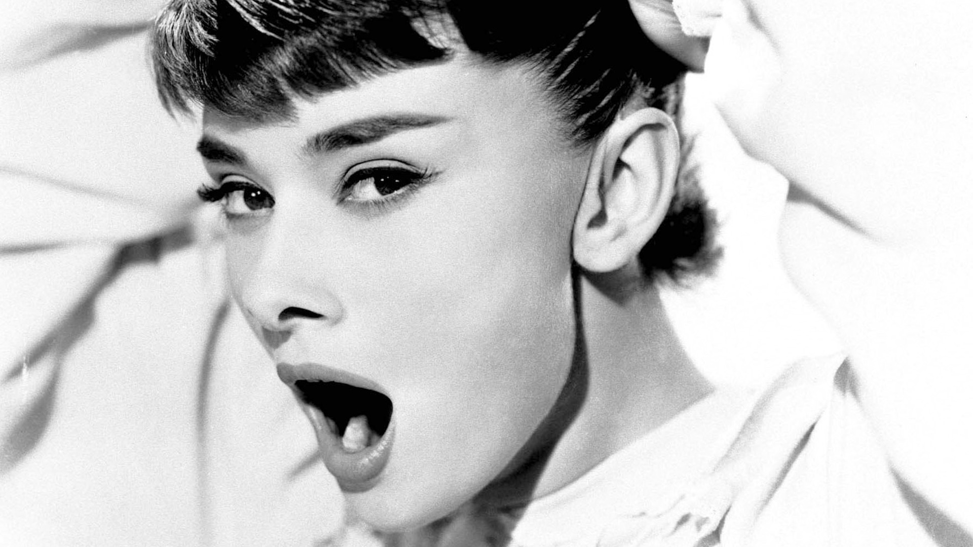 women, Audrey Hepburn, Open Mouth, Looking At Viewer, Monochrome Wallpaper