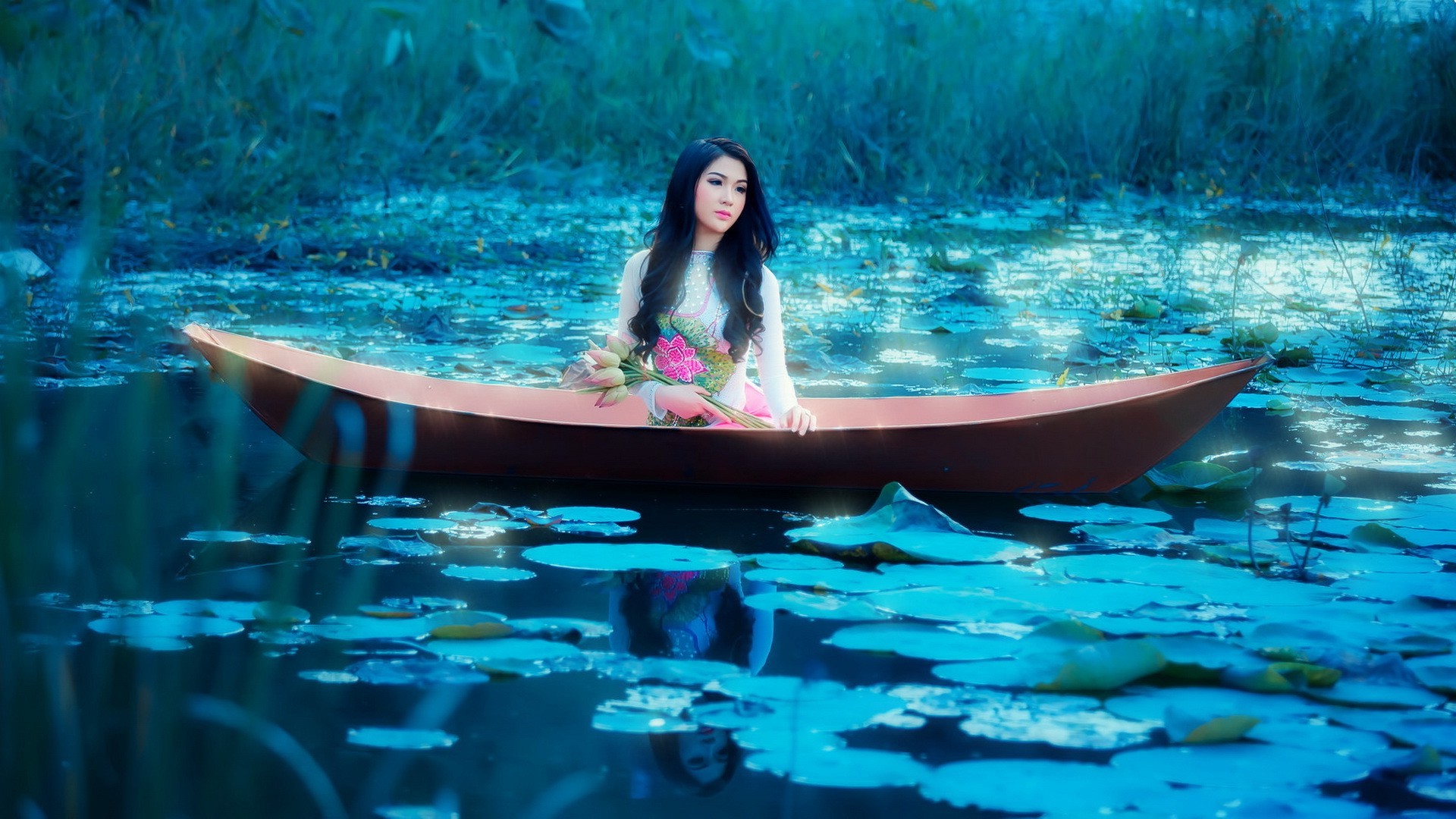 Asian, Women Outdoors, Model, Women, Boat, Fantasy Art Wallpaper