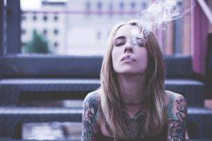 women, Closed Eyes, Smoking, Tattoo