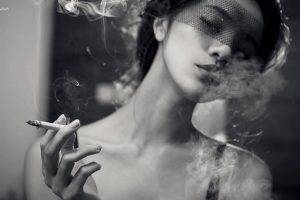 women, Closed Eyes, Smoking, Cigarettes, Monochrome, Veils