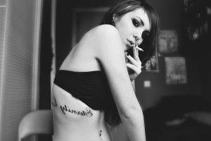 women, Looking At Viewer, Smoking, Cigarettes, Monochrome, Tattoo, Nose Rings, Strapless Bras
