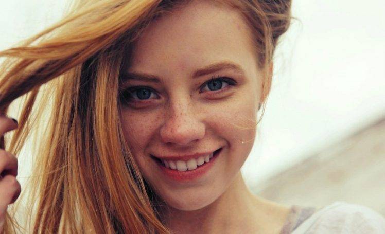 Women Face Looking At Viewer Blue Eyes Freckles Redhead Smiling Wallpapers Hd Desktop
