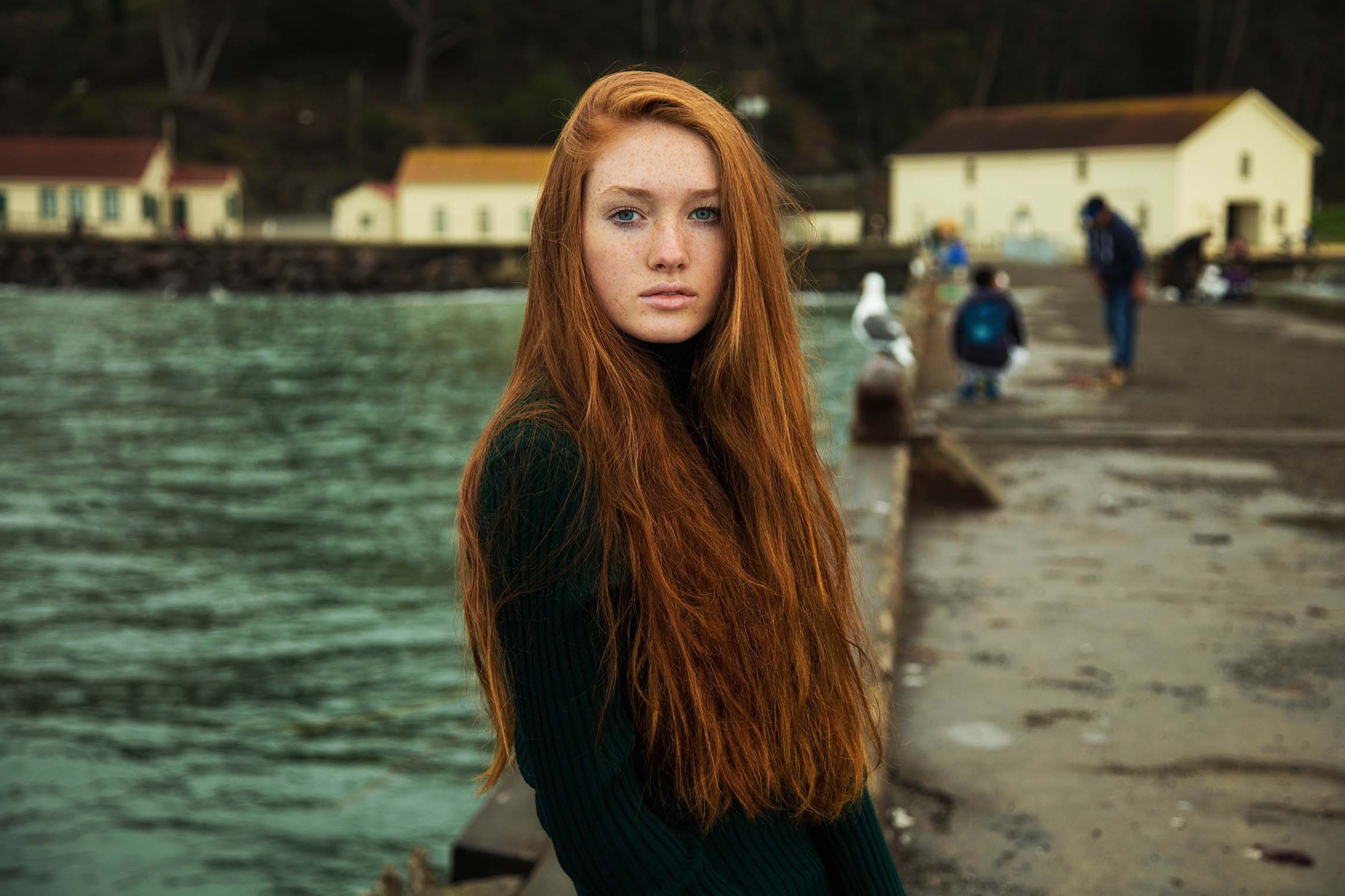 women, Looking At Viewer, Redhead, Freckles, Blue Eyes Wallpaper