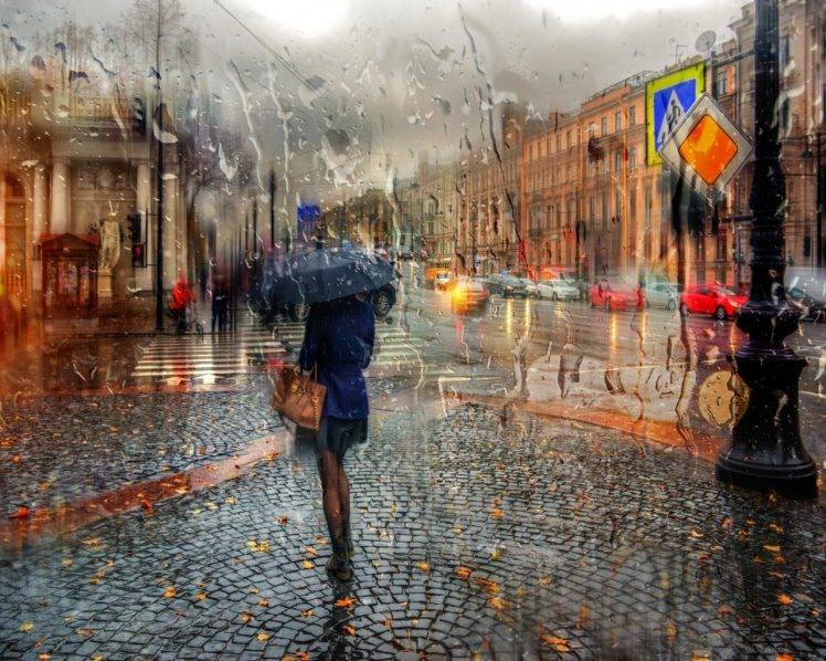 women, Architecture, City, Building, Street, Skirt, Umbrella, Rain, Water Drops, Glass, Old Building, Tiles, Car, Blurred, Traffic Lights HD Wallpaper Desktop Background