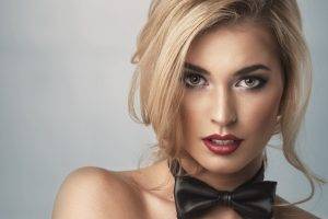women, Model, Blonde, Long Hair, Face, Open Mouth, Bare Shoulders, Looking At Viewer, Portrait, Bow tie, Simple Background, Red Lipstick, Makeup